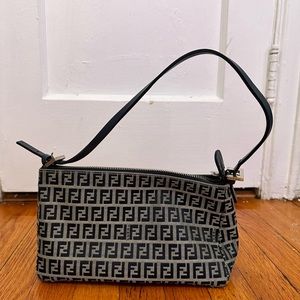 FENDI Vintage Zucca Monogram Logo Shoulder Bag Pochette Grey Canvas